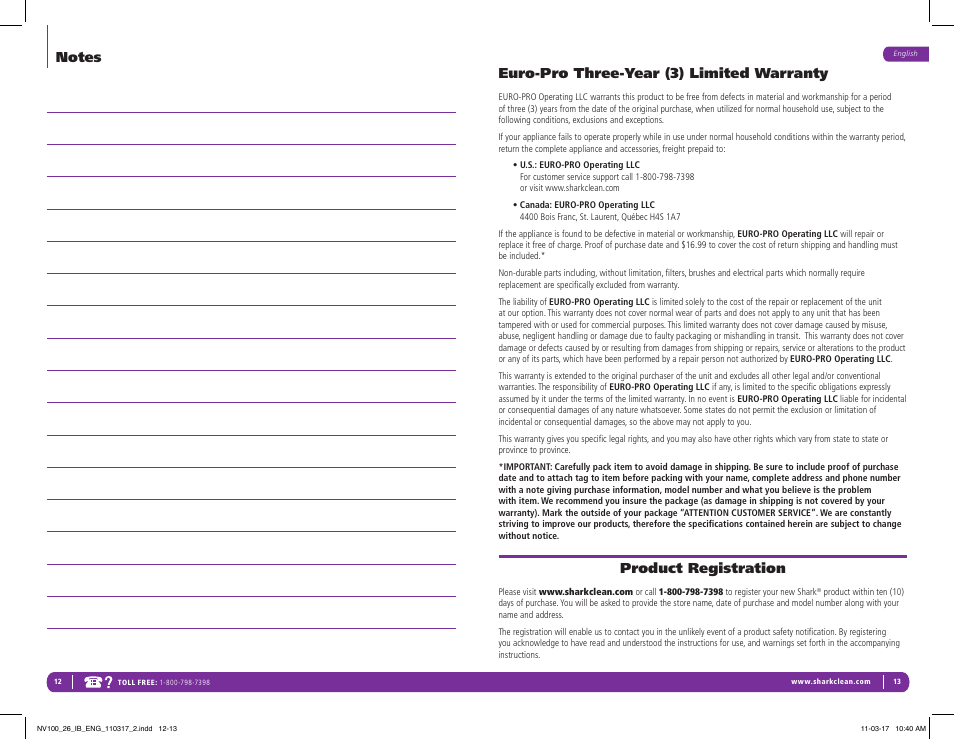 Euro-pro three-year (3) limited warranty, Product registration | Shark Navigator Vacuum NV100 User Manual | Page 8 / 9