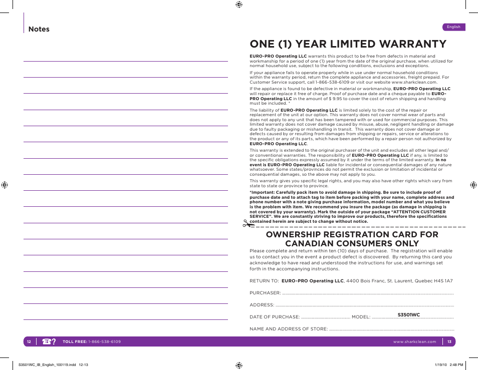 One (1) year limited warranty | Shark S3501WC User Manual | Page 10 / 11