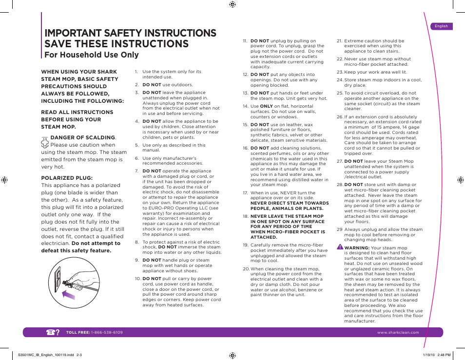 For household use only | Shark S3501WC User Manual | Page 2 / 11