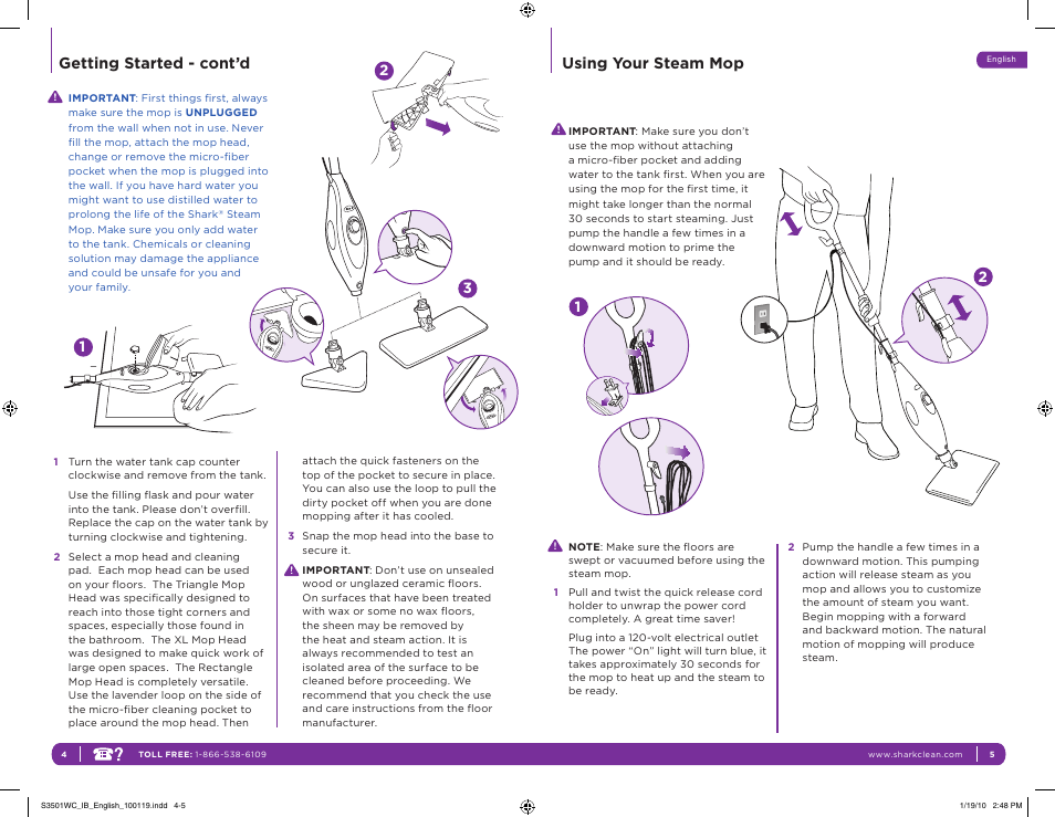 Getting started - cont’d using your steam mop | Shark S3501WC User Manual | Page 6 / 11