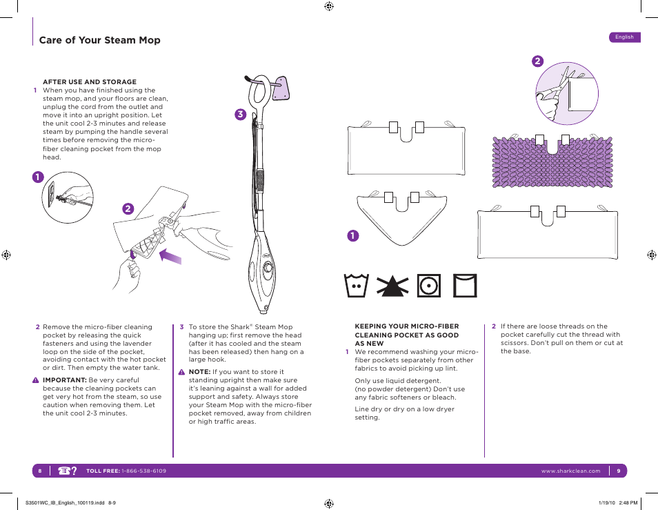 Care of your steam mop | Shark S3501WC User Manual | Page 8 / 11