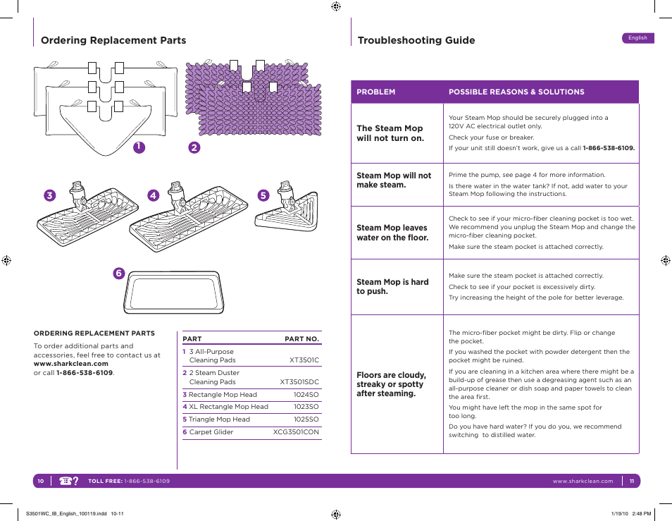 Ordering replacement parts, Troubleshooting guide | Shark S3501WC User Manual | Page 9 / 11