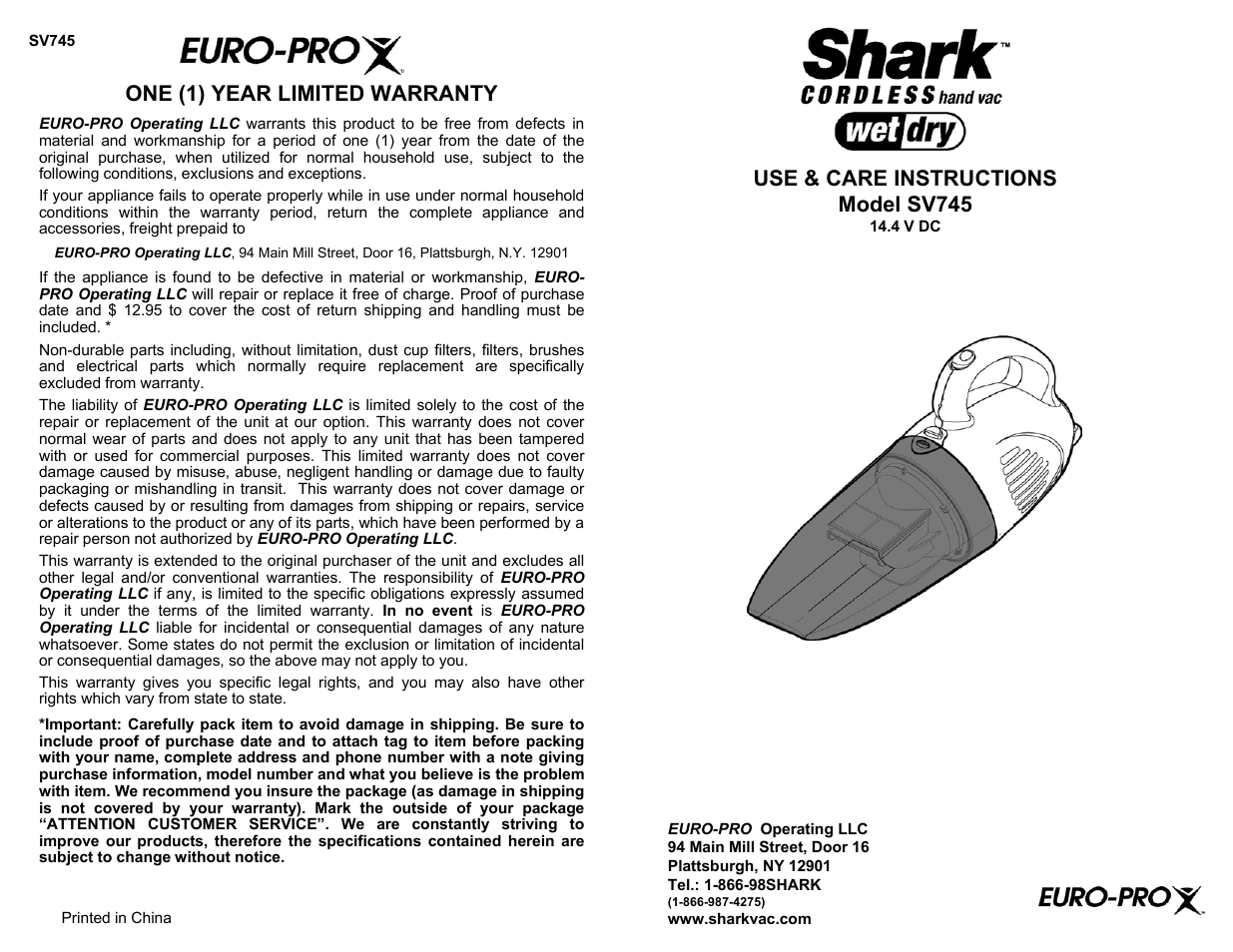 Shark SV745 User Manual | 4 pages