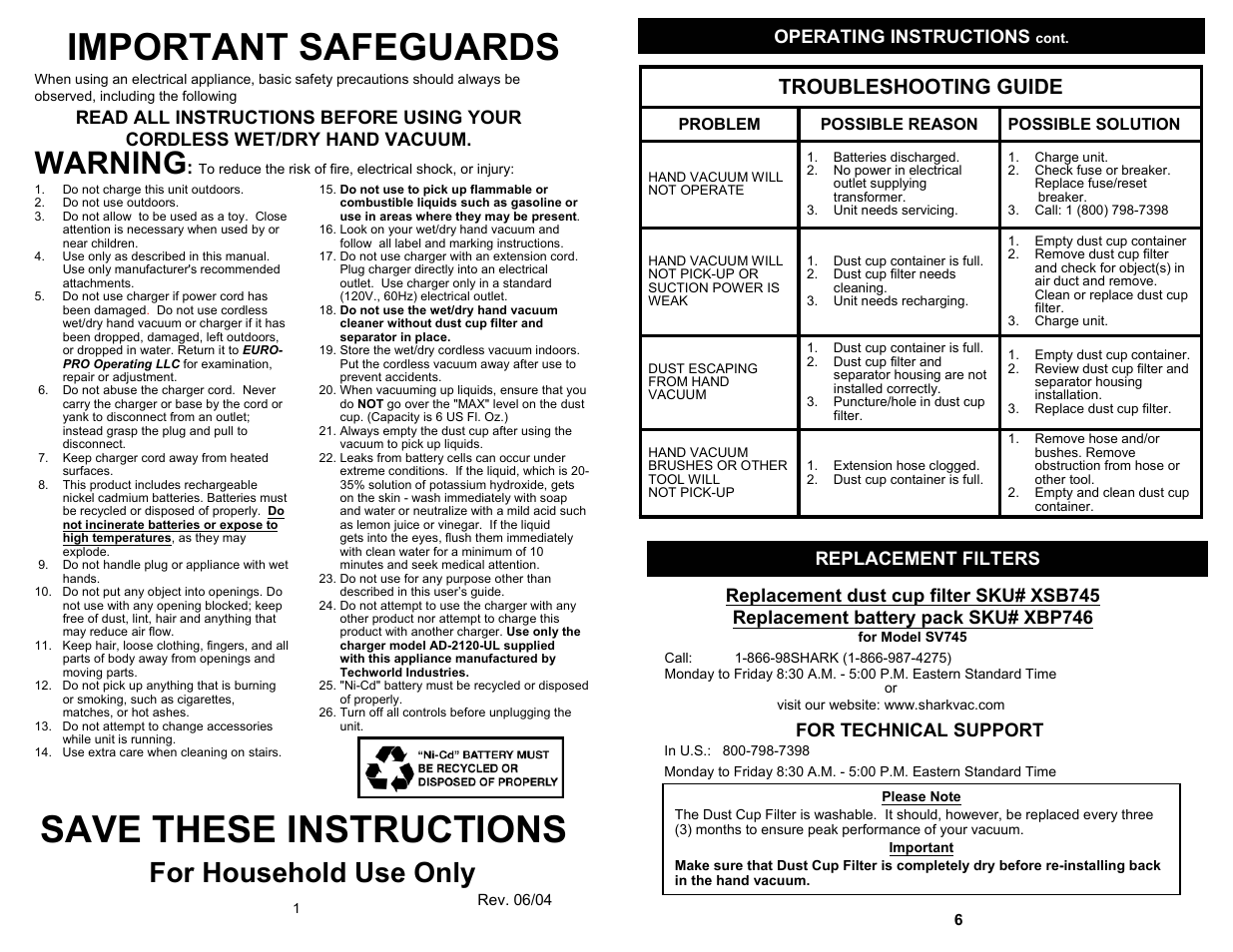 Important safeguards, Save these instructions, Warning | For household use only, Troubleshooting guide, Replacement filters operating instructions, For technical support | Shark SV745 User Manual | Page 2 / 4