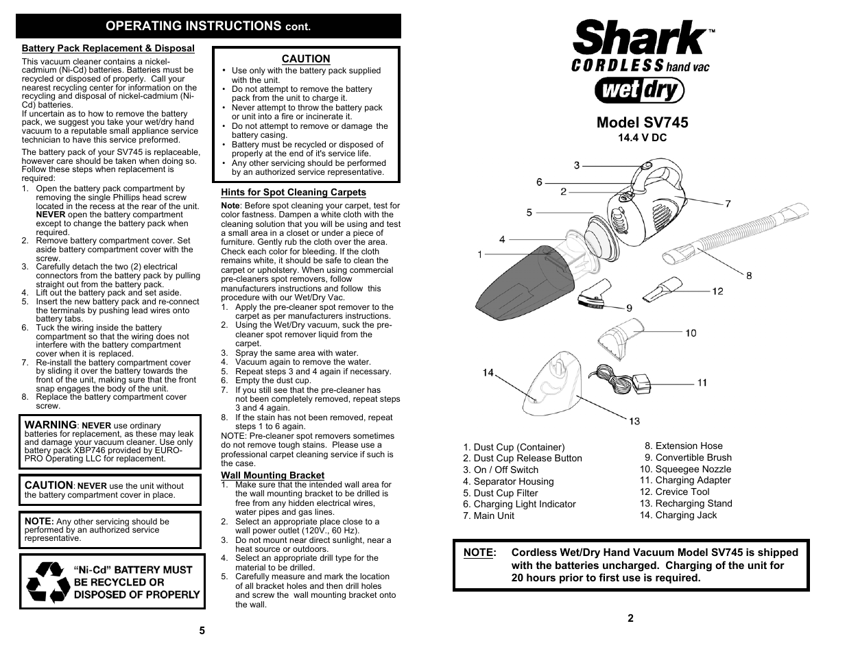 Model sv745, Operating instructions | Shark SV745 User Manual | Page 3 / 4