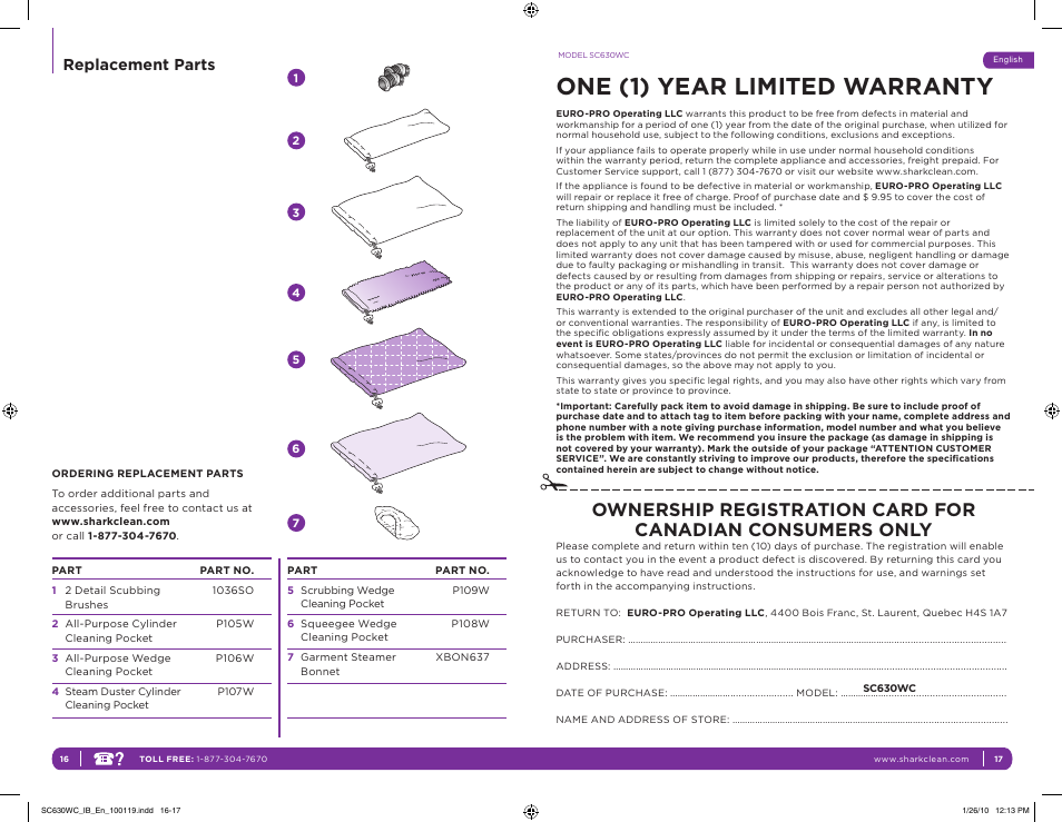 One (1) year limited warranty, Replacement parts | Shark SC630WC User Manual | Page 12 / 12