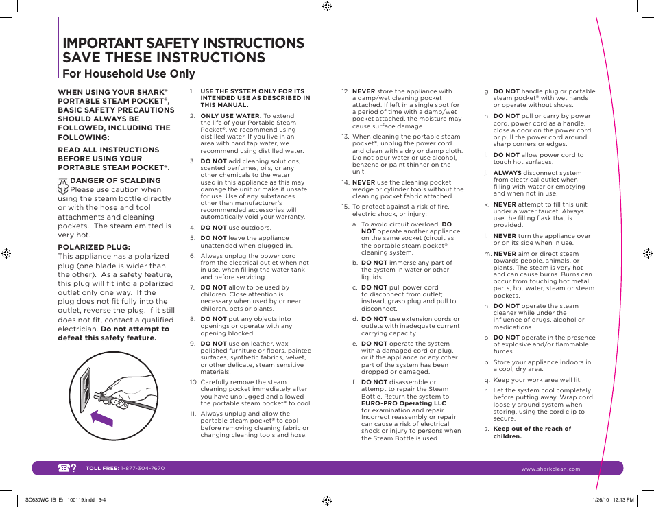 For household use only | Shark SC630WC User Manual | Page 2 / 12