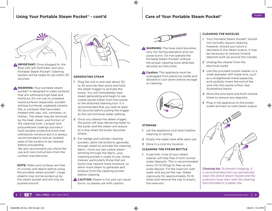 Using your portable steam pocket, Cont’d care of your portable steam pocket | Shark SC630WC User Manual | Page 8 / 12