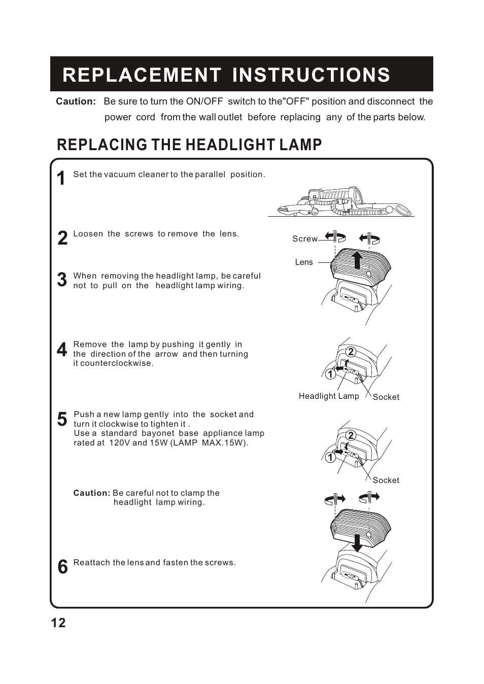 Т³гж 13, Replacement instructions, Replacing the headlight lamp | Shark S1215C User Manual | Page 14 / 19