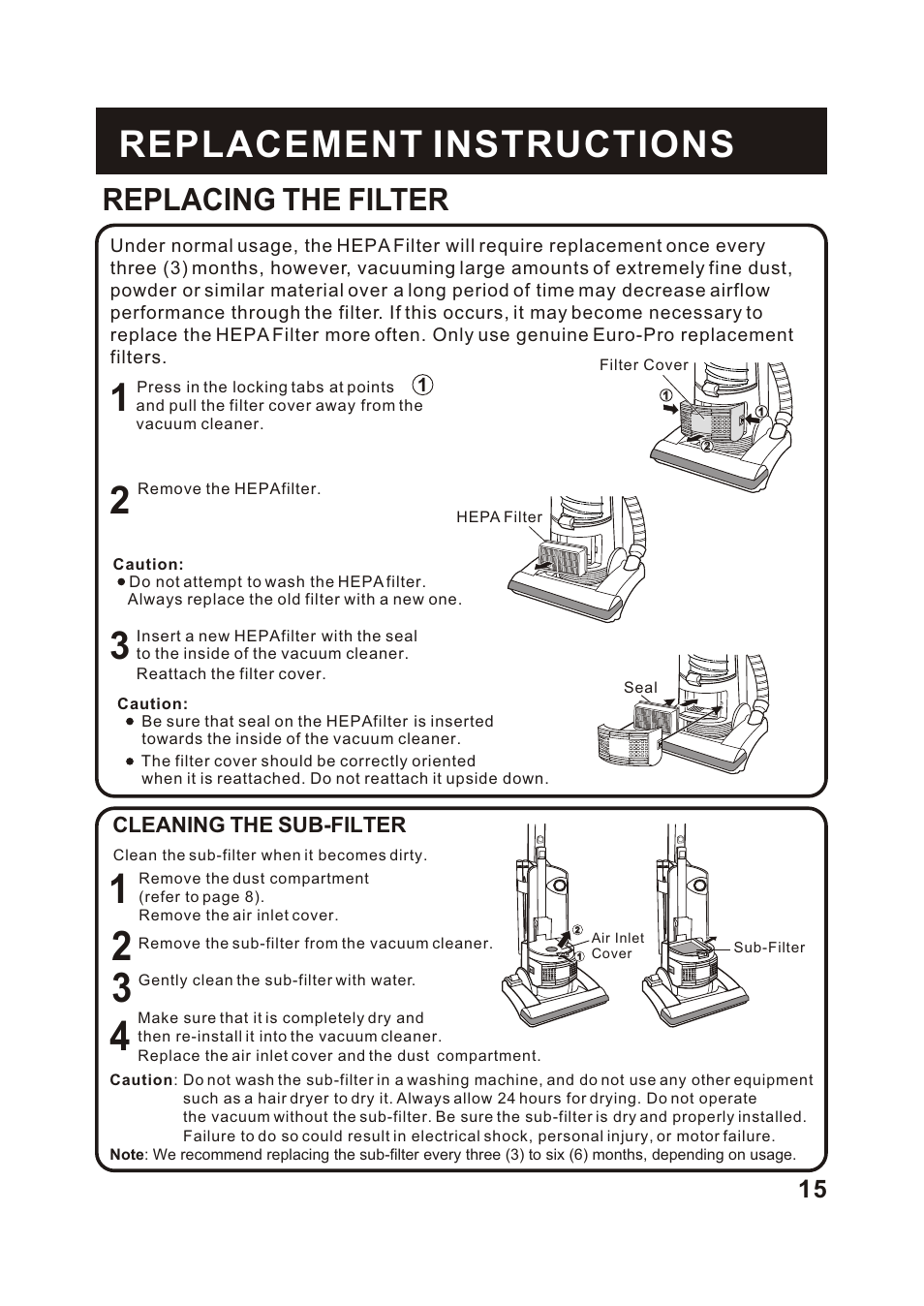 Т³гж 16, Replacement instructions, Replacing the filter | Cleaning the sub-filter | Shark S1215C User Manual | Page 17 / 19