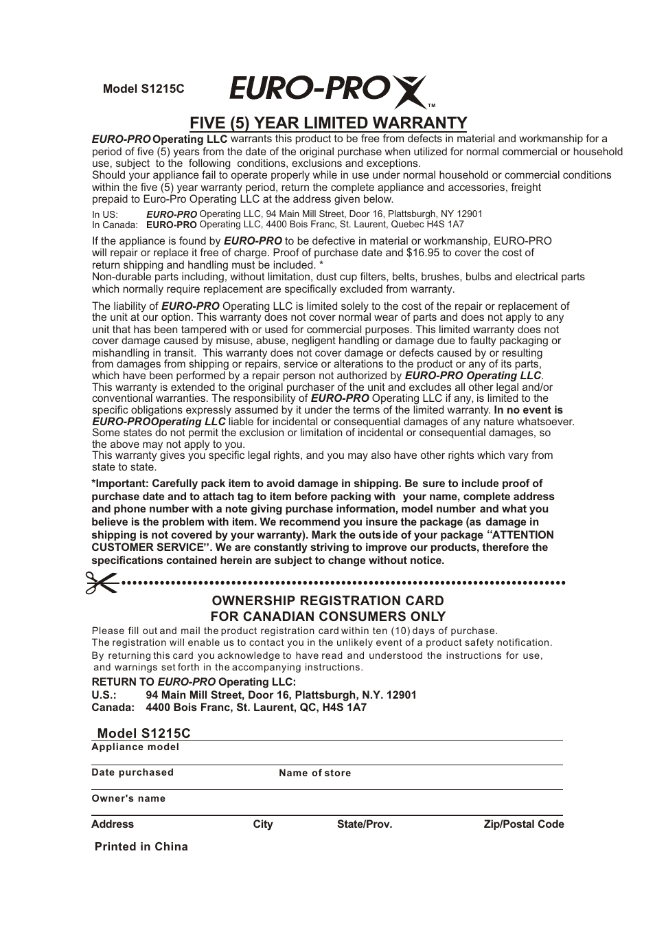 Т³гж 18, Five (5) year limited warranty, Ownership registration card | Model s1215c, For canadian consumers only | Shark S1215C User Manual | Page 19 / 19