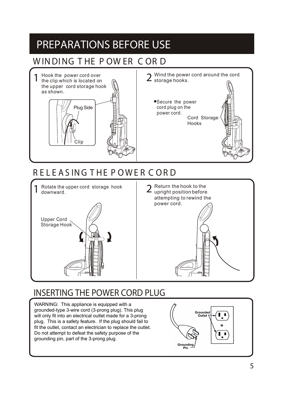 Preparations before use, W in di ng t he p ow er c or d, Inserting the power cord plug | Shark S1215C User Manual | Page 7 / 19