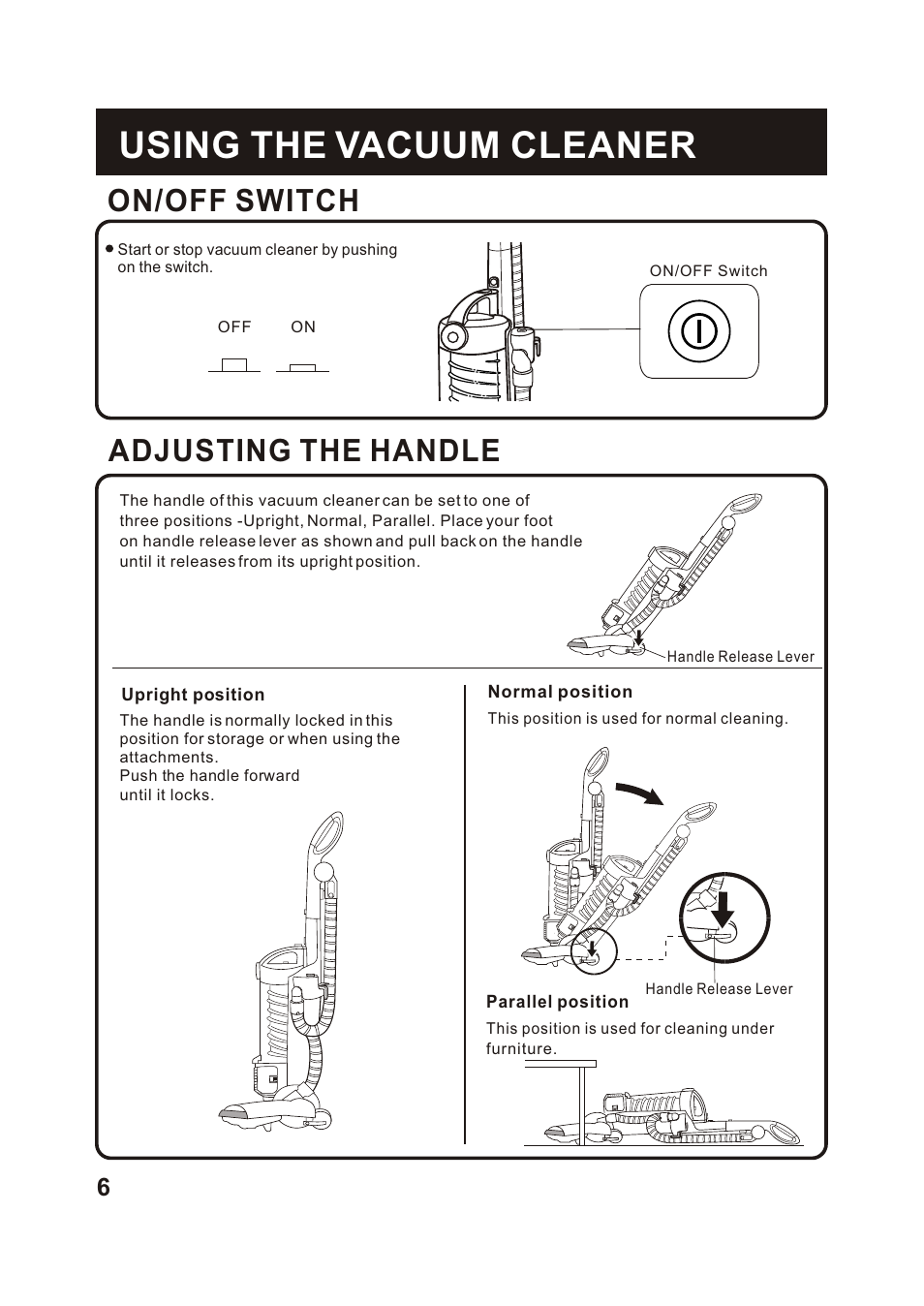 Т³гж 7, Using the vacuum cleaner, On/off switch | Adjusting the handle | Shark S1215C User Manual | Page 8 / 19