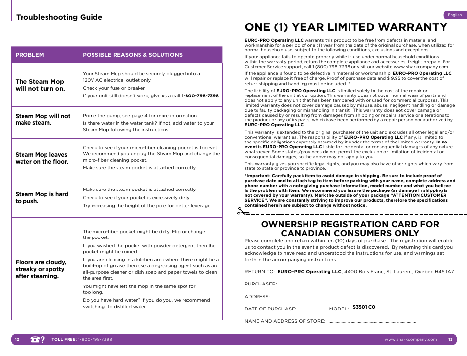 One (1) year limited warranty, Troubleshooting guide | Shark S3501CO User Manual | Page 10 / 11