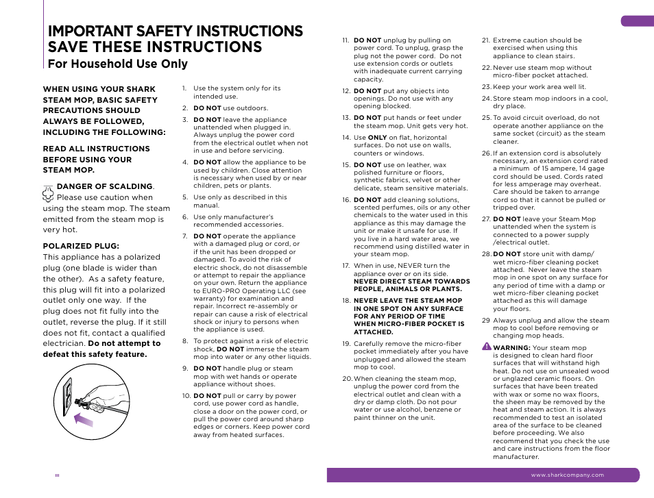 For household use only | Shark S3501CO User Manual | Page 2 / 11