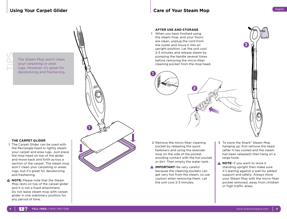 Care of your steam mop, Using your carpet glider | Shark S3501CO User Manual | Page 8 / 11