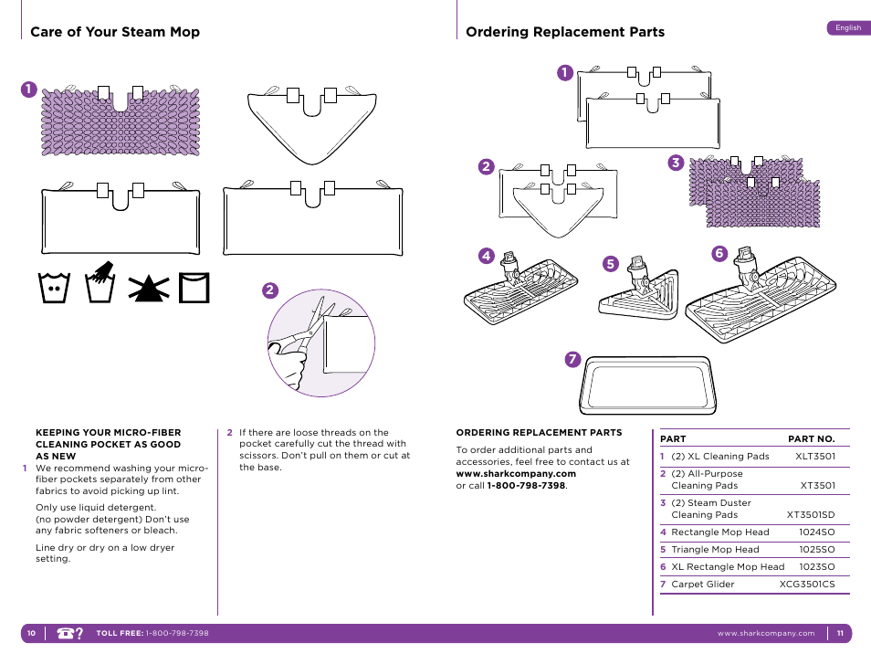 Ordering replacement parts, Care of your steam mop | Shark S3501CO User Manual | Page 9 / 11