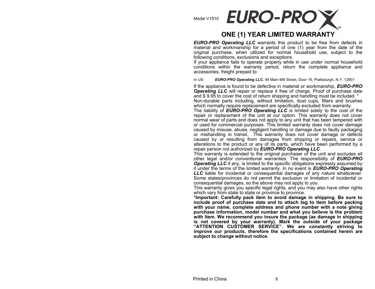 One (1) year limited warranty | Shark V1510 User Manual | Page 2 / 6