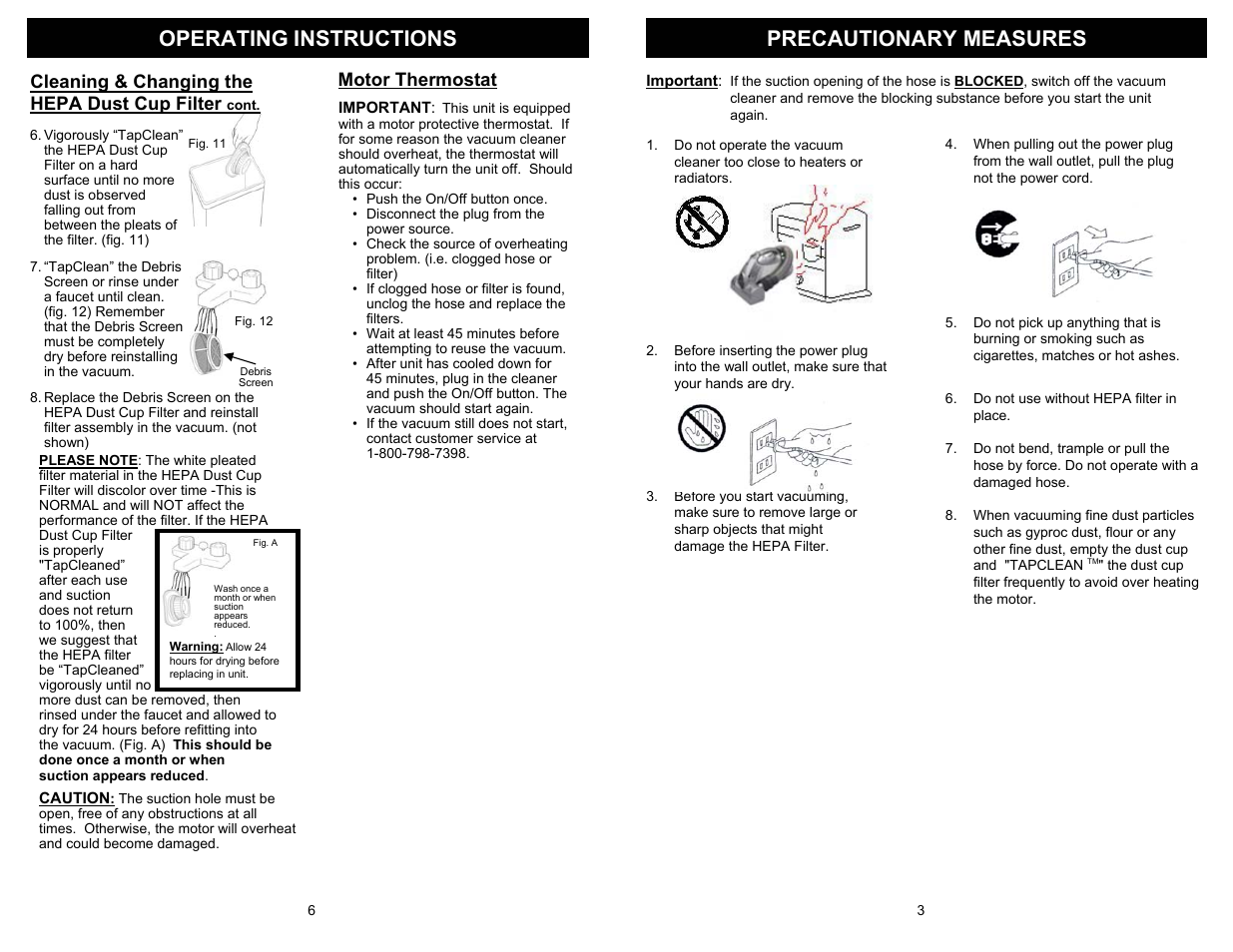 Precautionary measures operating instructions, Cleaning & changing the hepa dust cup filter, Motor thermostat | Shark V1510 User Manual | Page 5 / 6