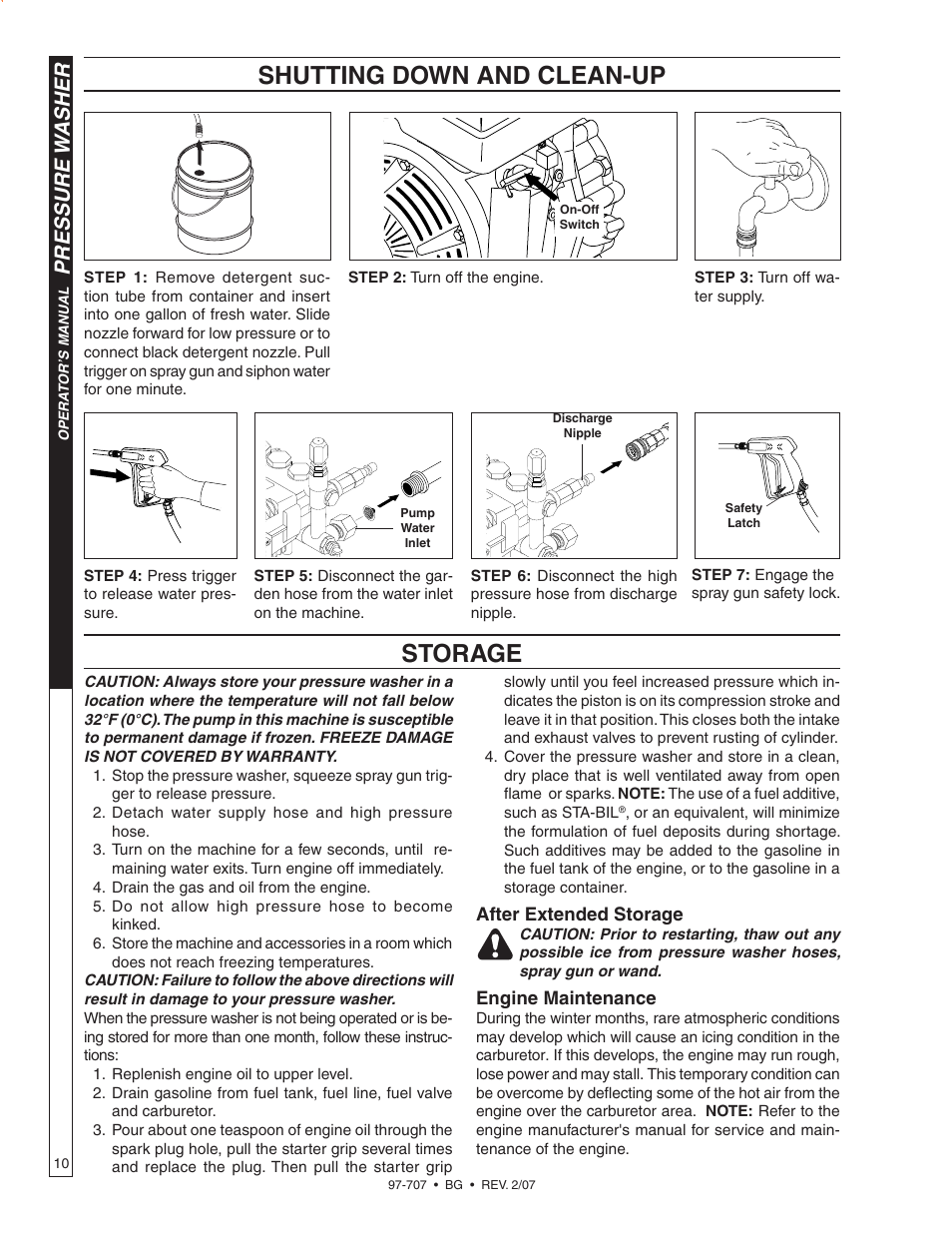 Shutting down and clean-up, Storage, Pressure w asher | Shark BG-2820 User Manual | Page 10 / 30