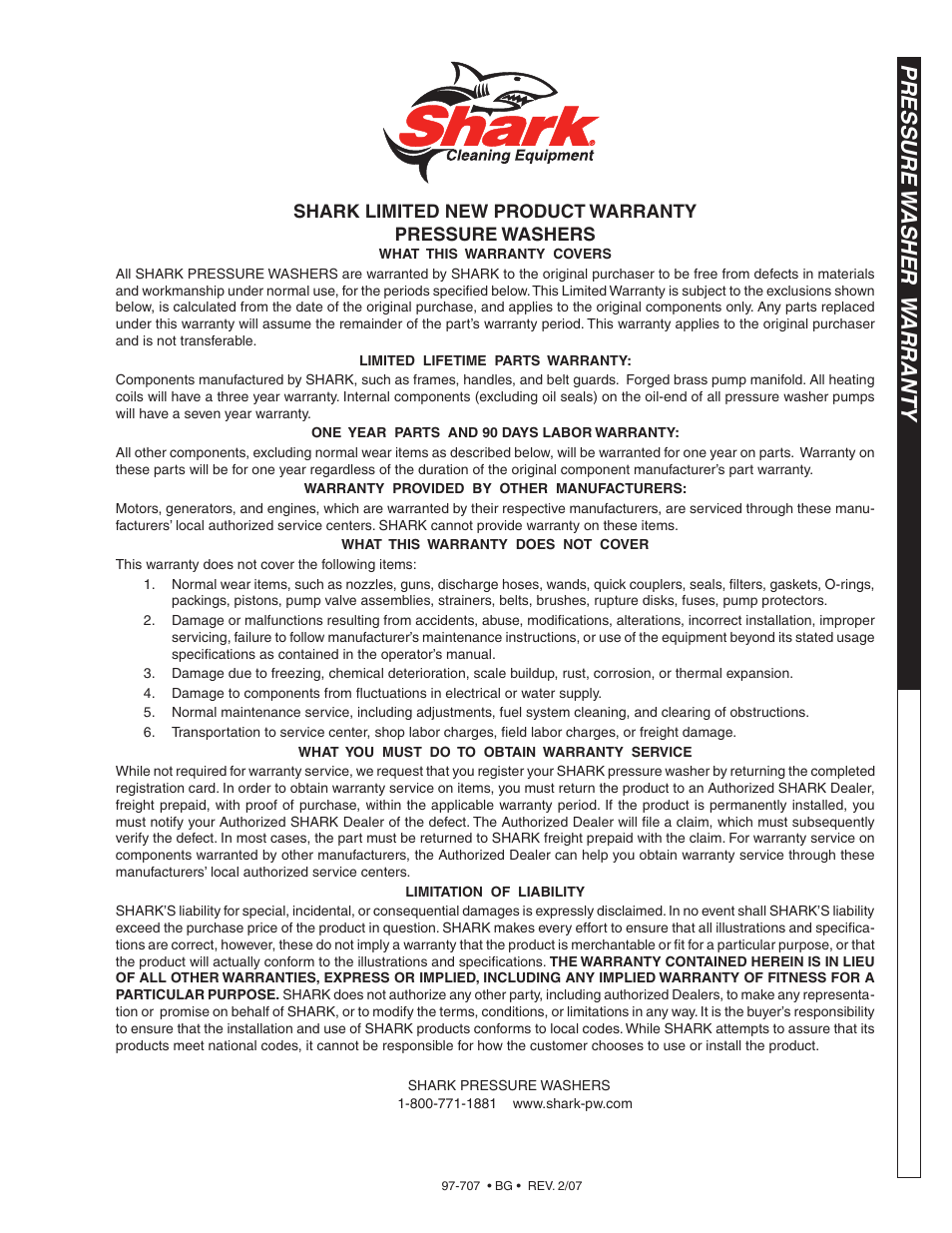 Pressure w asher w arranty | Shark BG-2820 User Manual | Page 29 / 30