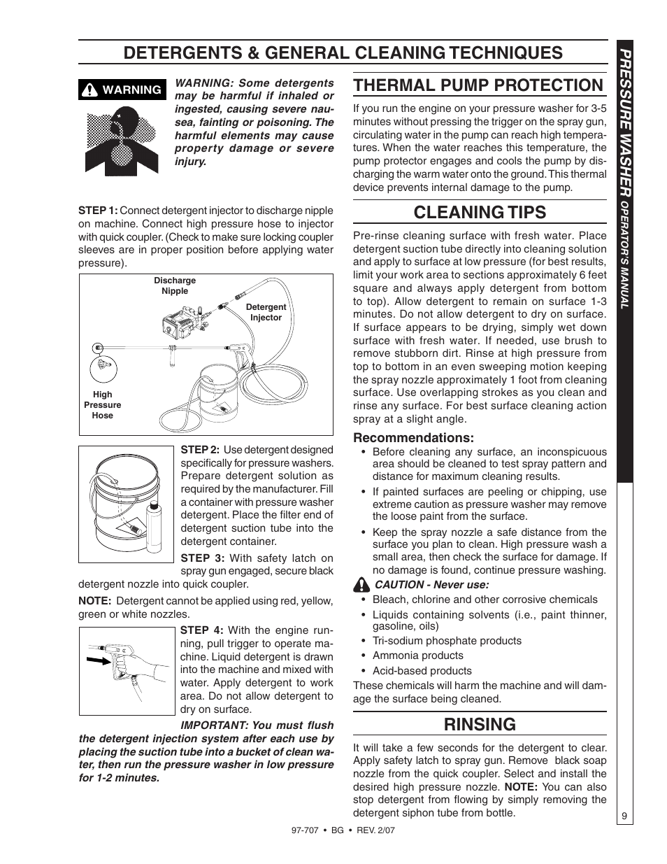 Thermal pump protection, Cleaning tips, Rinsing | Detergents & general cleaning techniques, Pressure w asher | Shark BG-2820 User Manual | Page 9 / 30