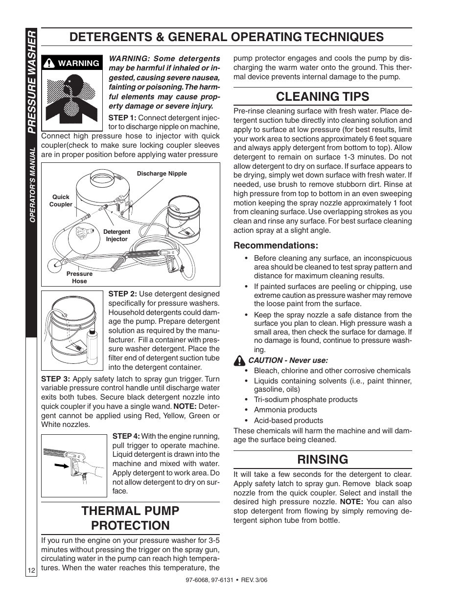 Thermal pump protection, Cleaning tips, Rinsing | Detergents & general operating techniques, Pressure w asher | Shark HPB-3520 User Manual | Page 12 / 56