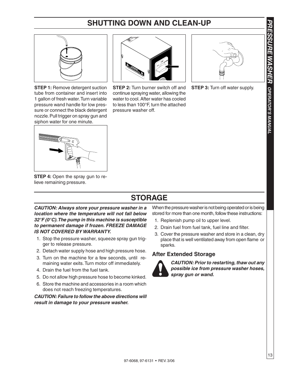 Shutting down and clean-up, Storage, Pressure w asher | Shark HPB-3520 User Manual | Page 13 / 56