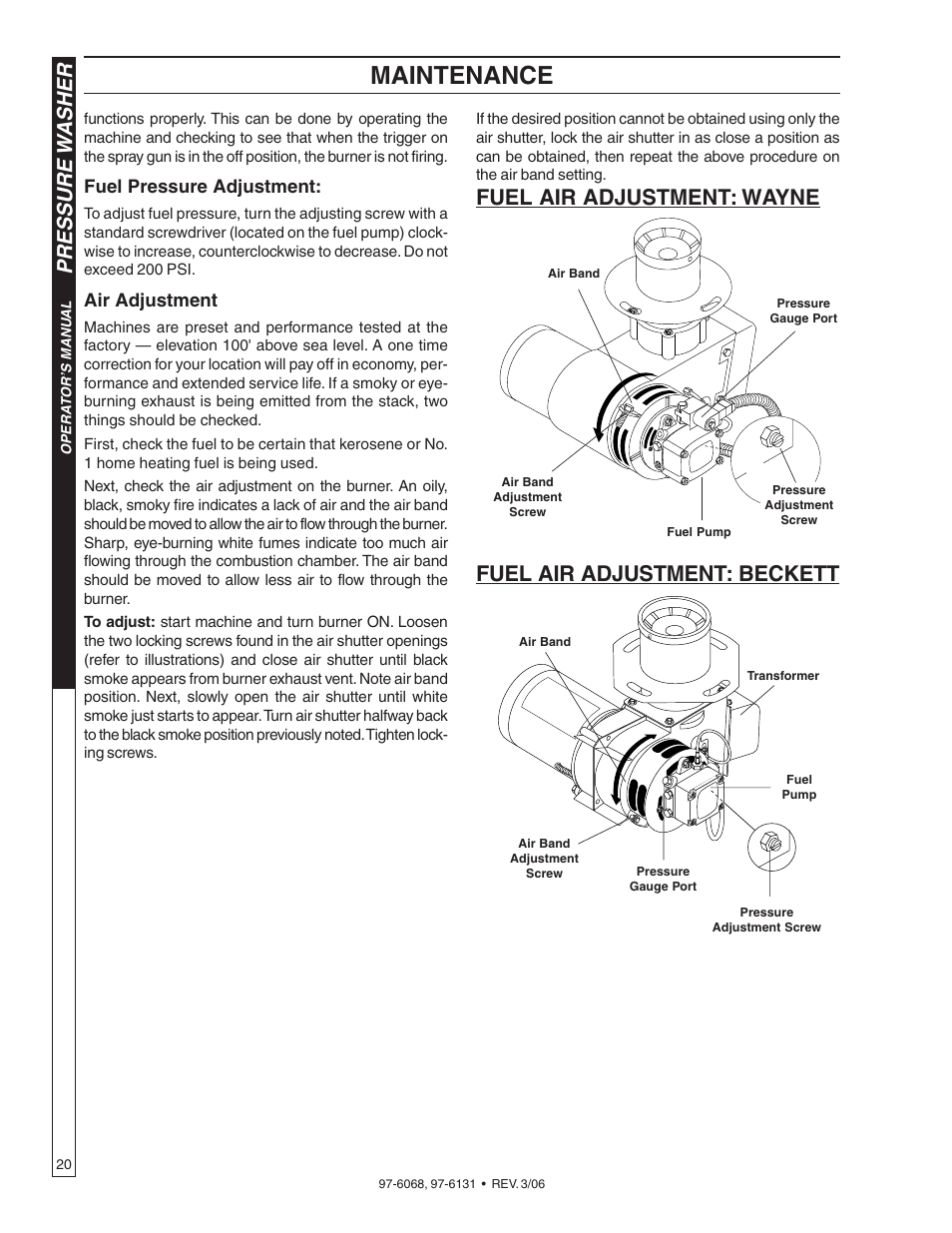 Maintenance, Pressure w asher, Fuel pressure adjustment | Air adjustment | Shark HPB-3520 User Manual | Page 20 / 56