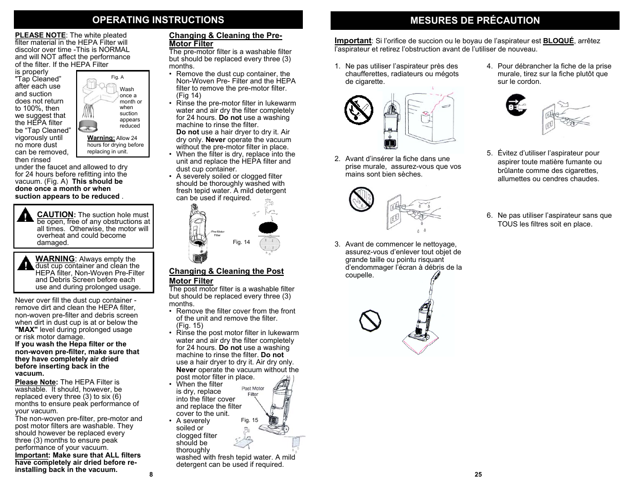 Operating instructions mesures de précaution | Shark EP602RF User Manual | Page 10 / 18