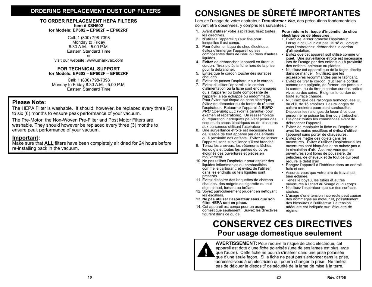 Conservez ces directives, Consignes de sûreté importantes, Pour usage domestique seulement | Ordering replacement dust cup filters, Important | Shark EP602RF User Manual | Page 12 / 18