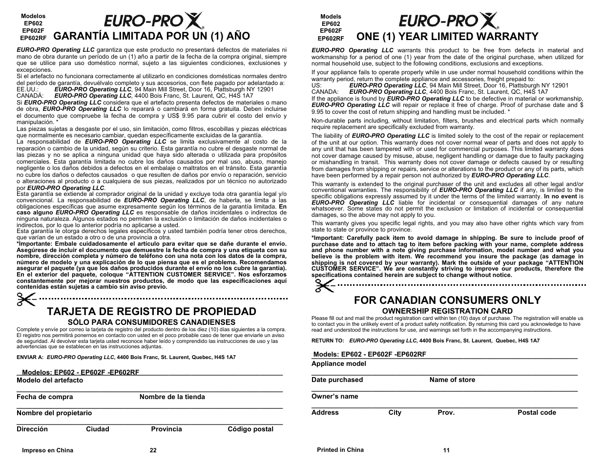 Garantía limitada por un (1) año, Tarjeta de registro de propiedad, One (1) year limited warranty | For canadian consumers only | Shark EP602RF User Manual | Page 13 / 18
