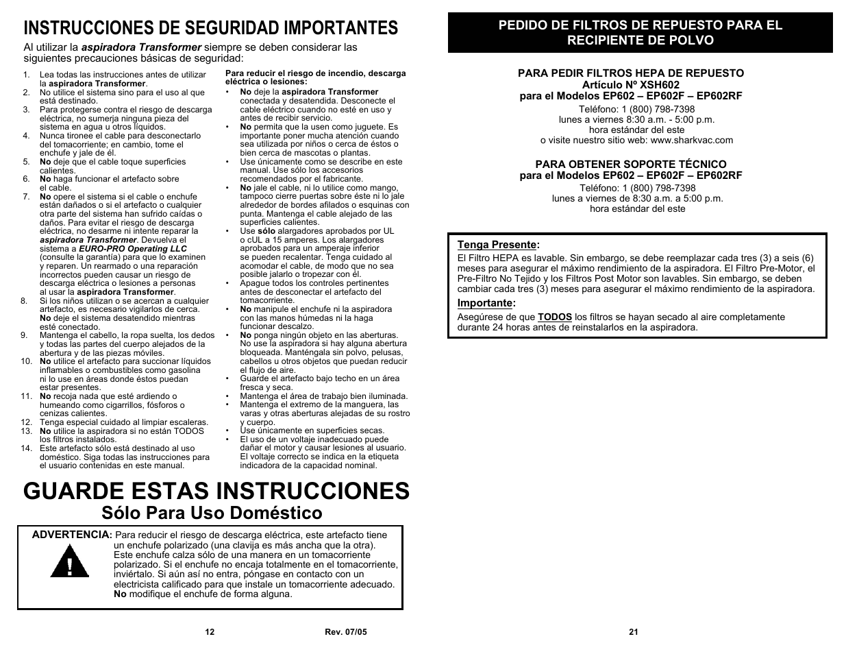 Guarde estas instrucciones, Instrucciones de seguridad importantes, Sólo para uso doméstico | Shark EP602RF User Manual | Page 14 / 18