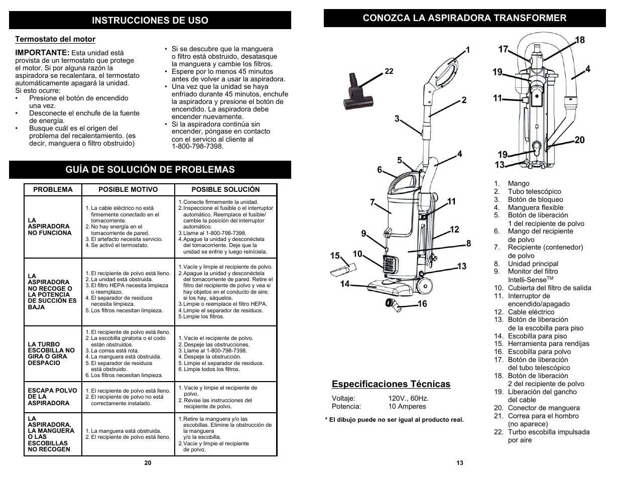 Conozca la aspiradora transformer, Instrucciones de uso, Guía de solución de problemas | Especificaciones técnicas | Shark EP602RF User Manual | Page 15 / 18