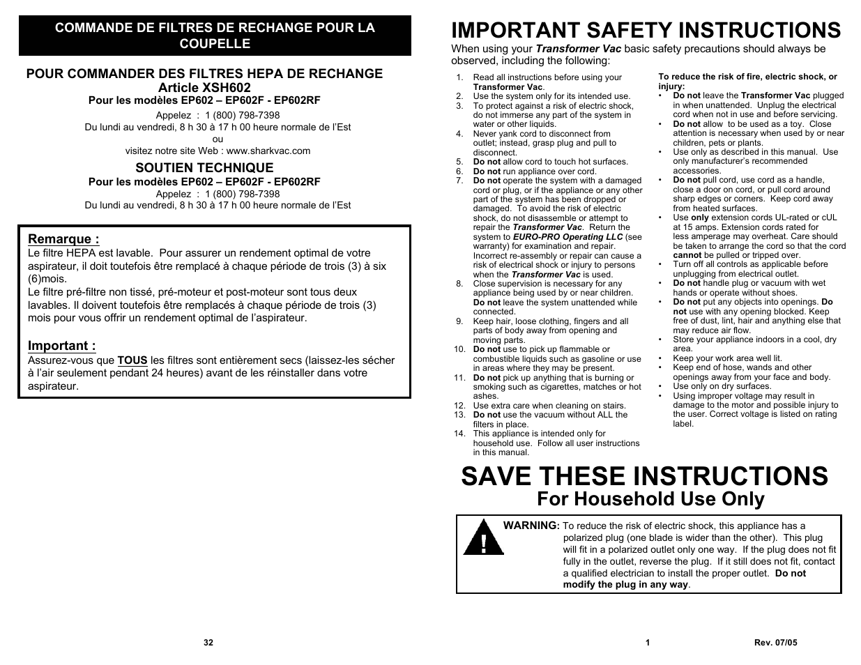 Save these instructions, Important safety instructions, For household use only | Commande de filtres de rechange pour la coupelle, Soutien technique, Remarque, Important | Shark EP602RF User Manual | Page 3 / 18