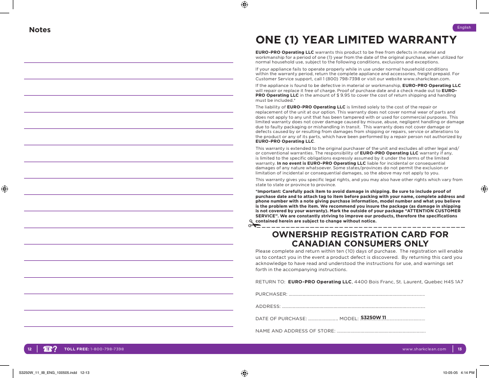 One (1) year limited warranty | Shark LIGHT & EASY S3250W 11 User Manual | Page 10 / 11