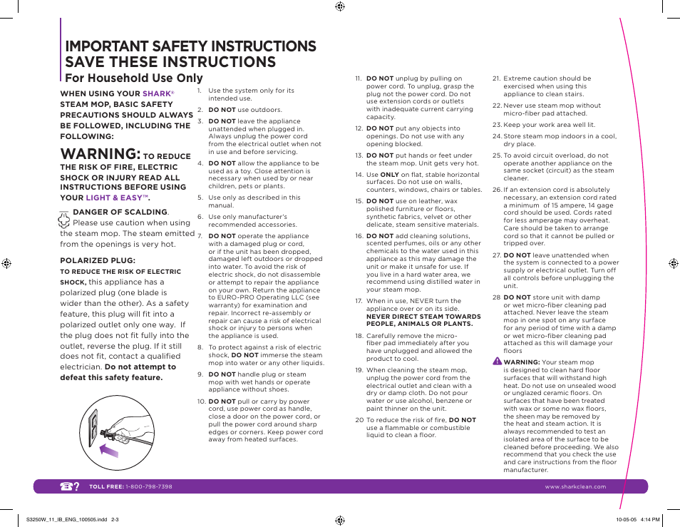 Warning, For household use only | Shark LIGHT & EASY S3250W 11 User Manual | Page 2 / 11