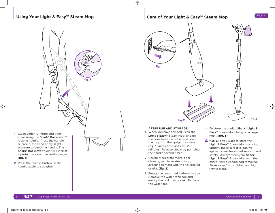 Using your light & easy™ steam mop, Care of your light & easy™ steam mop | Shark LIGHT & EASY S3250W 11 User Manual | Page 8 / 11