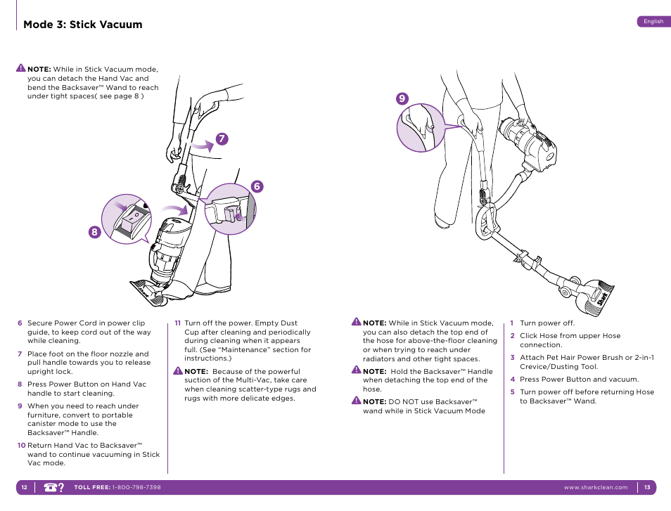 Mode 3: stick vacuum | Shark NH15W User Manual | Page 10 / 15