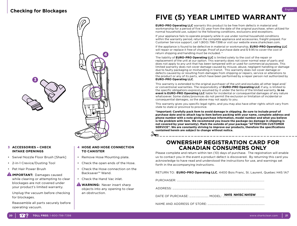 Five (5) year limited warranty, Checking for blockages | Shark NH15W User Manual | Page 14 / 15