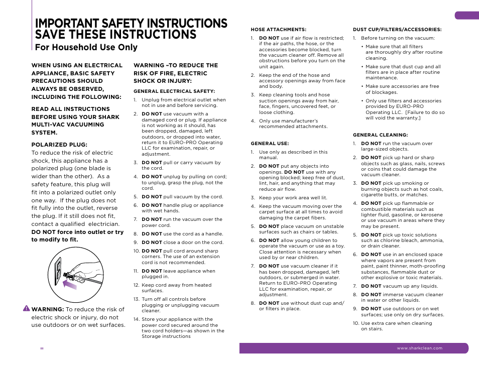 For household use only | Shark NH15W User Manual | Page 2 / 15