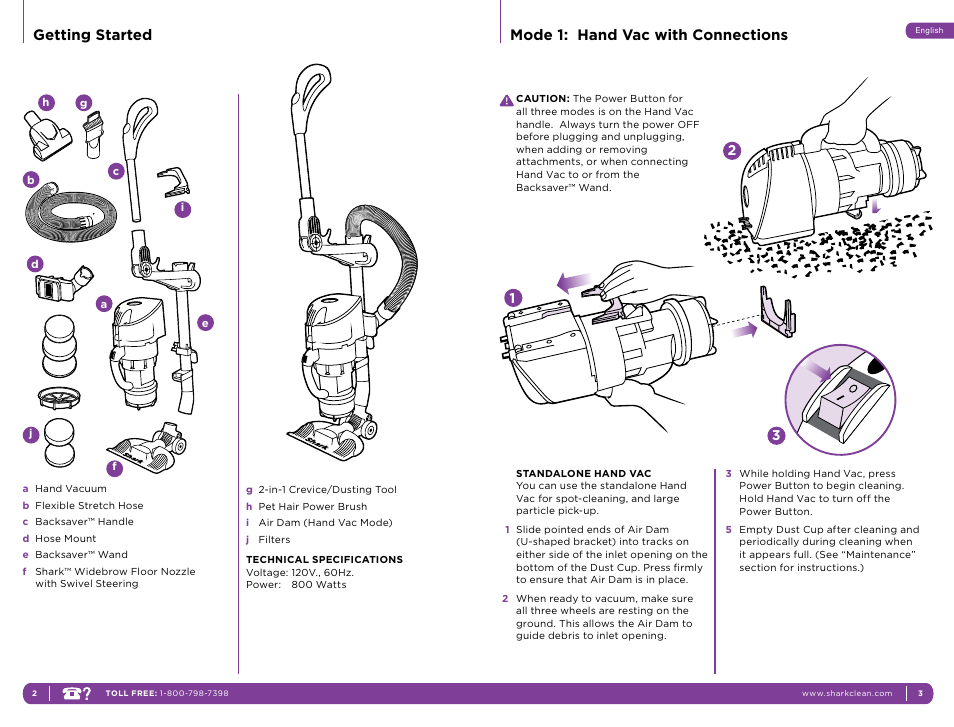 Getting started mode 1: hand vac with connections | Shark NH15W User Manual | Page 5 / 15