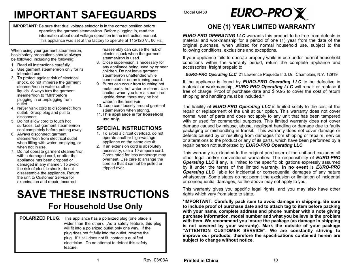Important safeguards, Save these instructions, For household use only | One (1) year limited warranty | Shark GI460 User Manual | Page 2 / 6