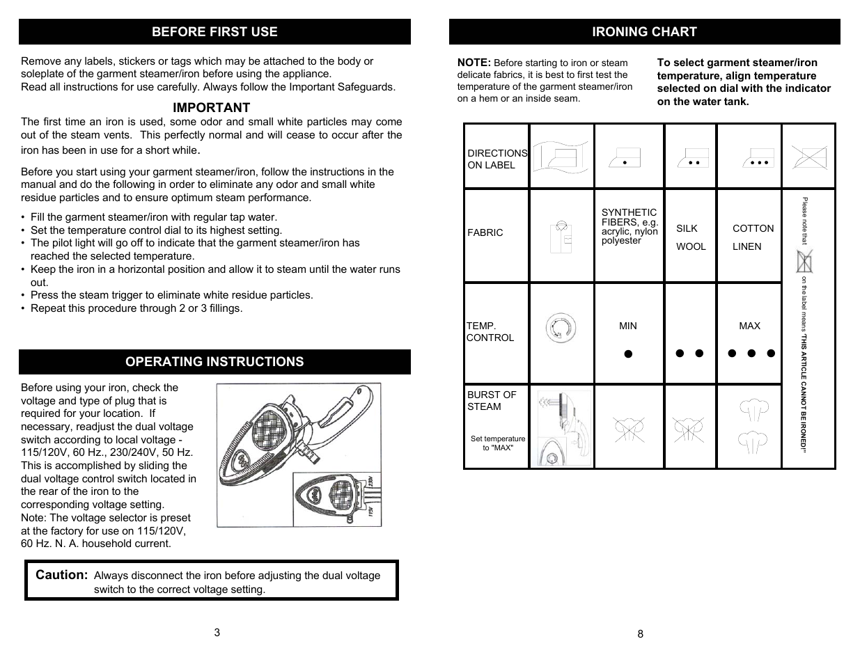 Before first use ironing chart, Important, Operating instructions | Caution | Shark GI460 User Manual | Page 4 / 6