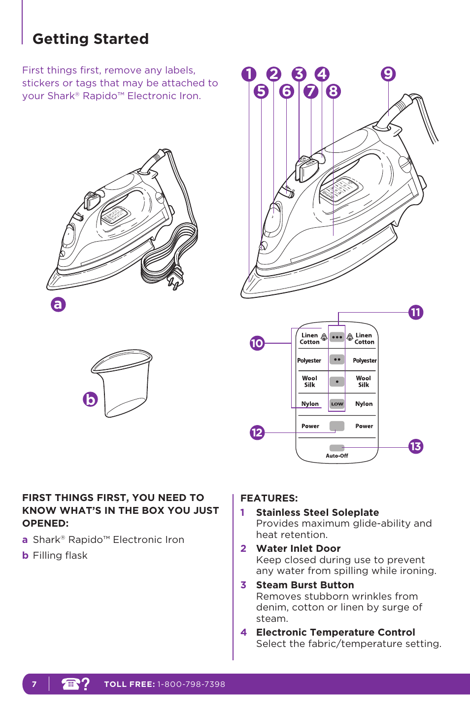 Getting started using your iron | Shark GI468CN 12 User Manual | Page 8 / 20