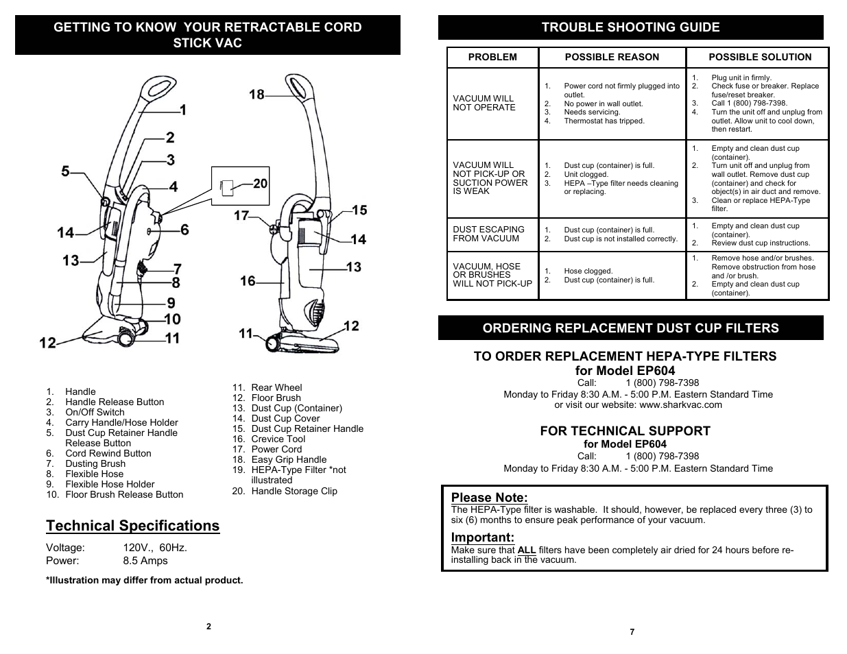 Technical specifications, For technical support, Important | Shark EP604 User Manual | Page 4 / 6