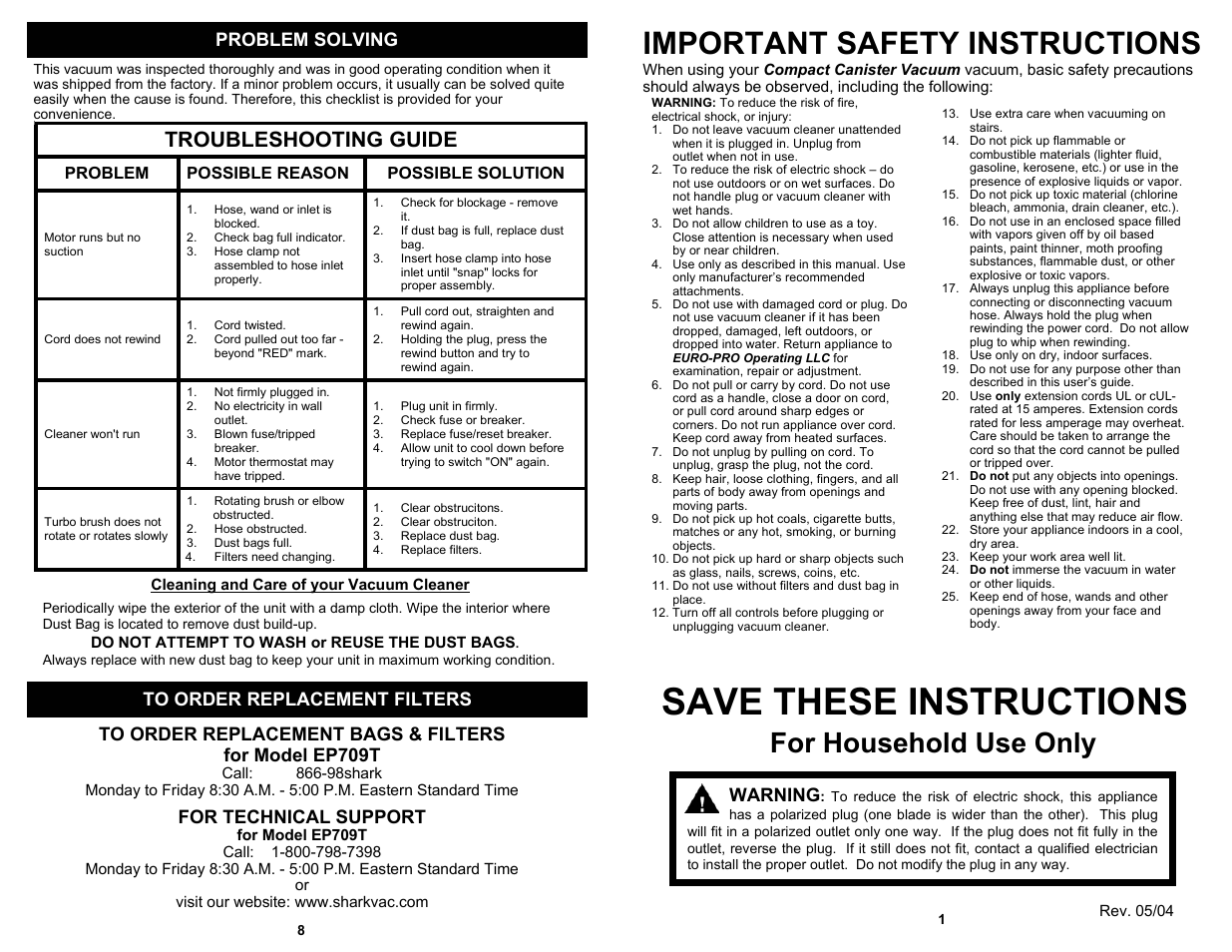 Save these instructions, Important safety instructions, For household use only | Troubleshooting guide, Problem solving, For technical support, Warning | Shark EP709T User Manual | Page 3 / 6