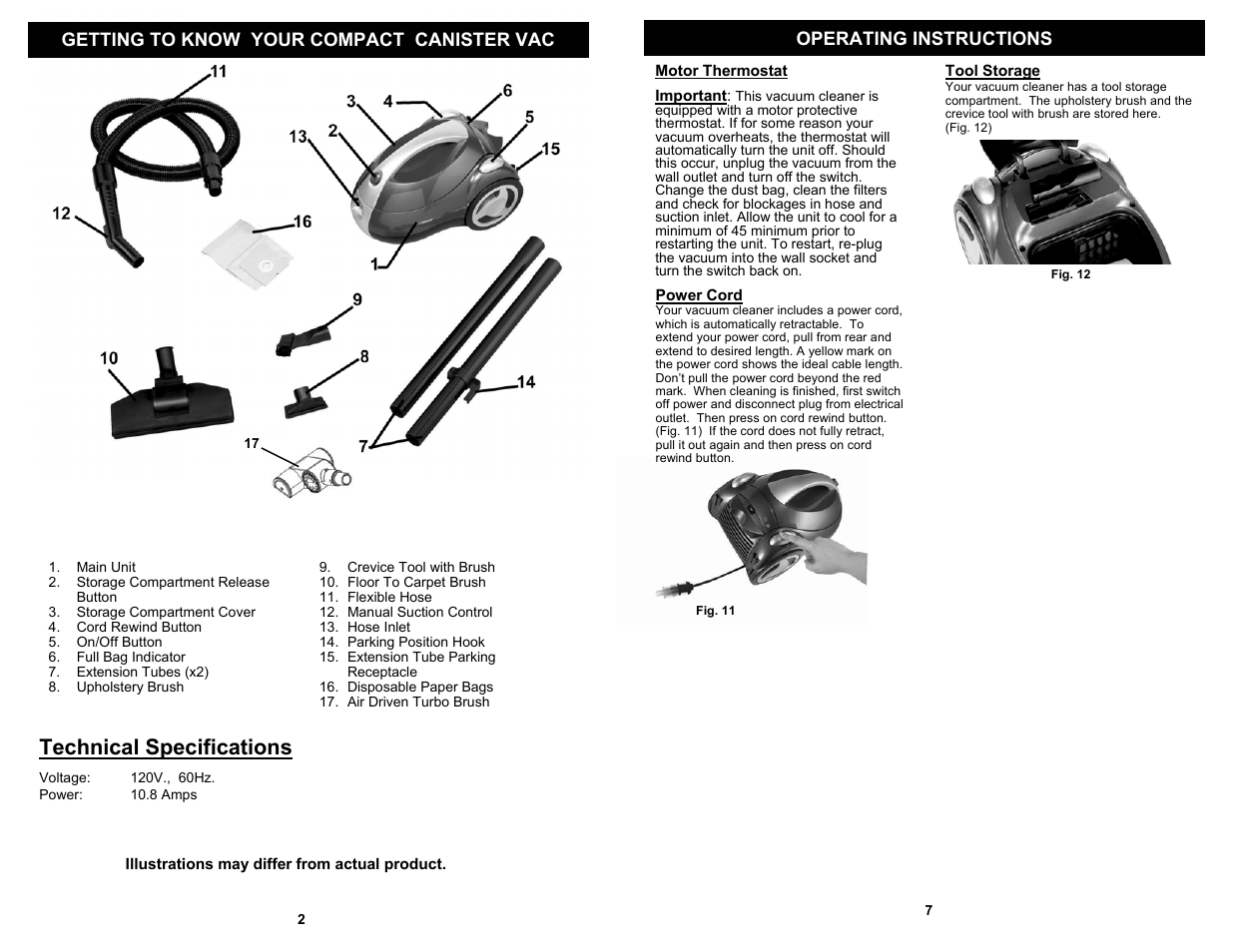 Technical specifications, Getting to know your compact canister vac, Operating instructions | Shark EP709T User Manual | Page 4 / 6