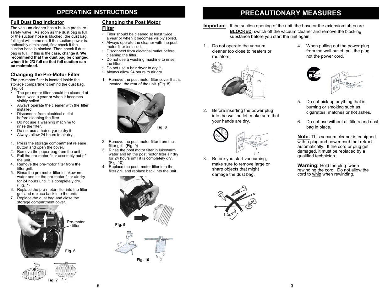 Precautionary measures, Operating instructions | Shark EP709T User Manual | Page 5 / 6