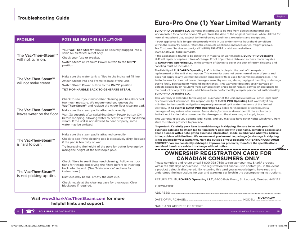 Euro-pro one (1) year limited warranty, Troubleshooting guide | Shark VAC-THEN-STEAM MV2010WC User Manual | Page 10 / 11